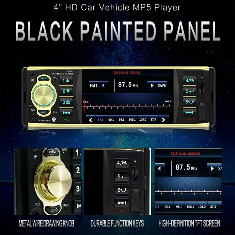 4019B 4.1 Inch IPS HD Screen MP5 Car Radio Bluetooth-Compatible SD AUX USB 7 Color Lights Lossless Audio Multimedia Player