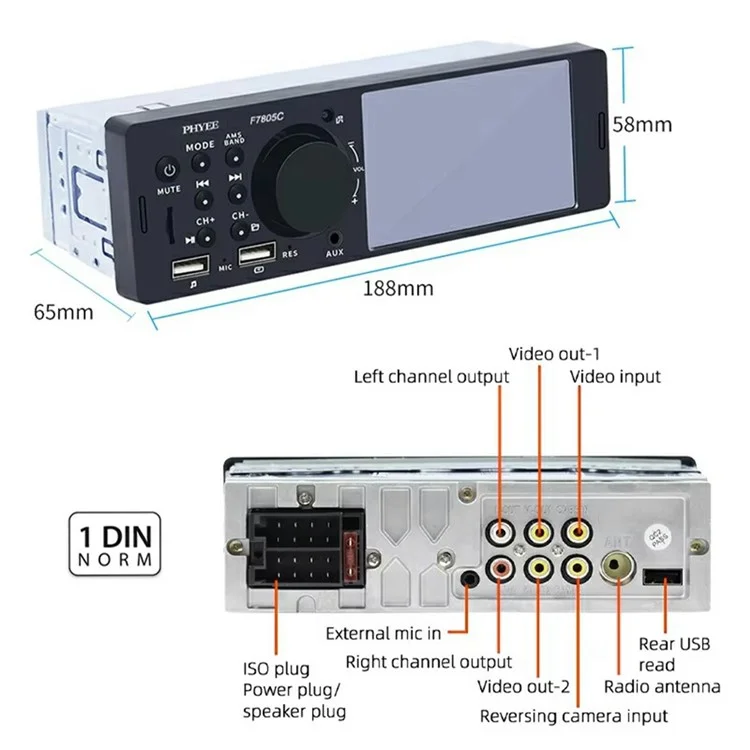 F7805C Wired CarPlay 4.1 Inch Touch Screen MP5 Car Radio Bluetooth-Compatible SD AUX USB 7 Color Lights Multimedia Player