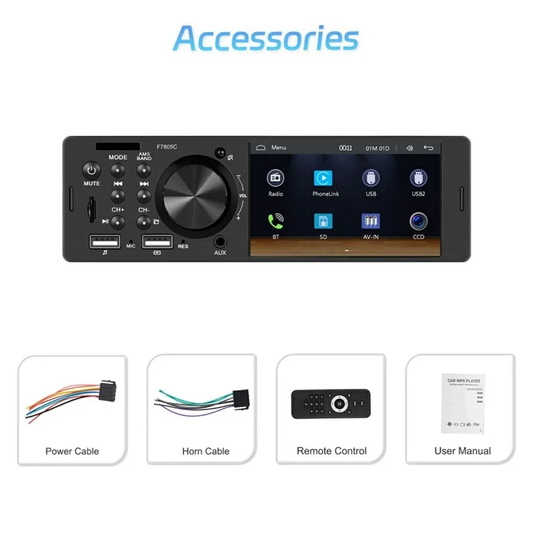 F7805C Wired CarPlay 4.1 Inch Touch Screen MP5 Car Radio Bluetooth-Compatible SD AUX USB 7 Color Lights Multimedia Player