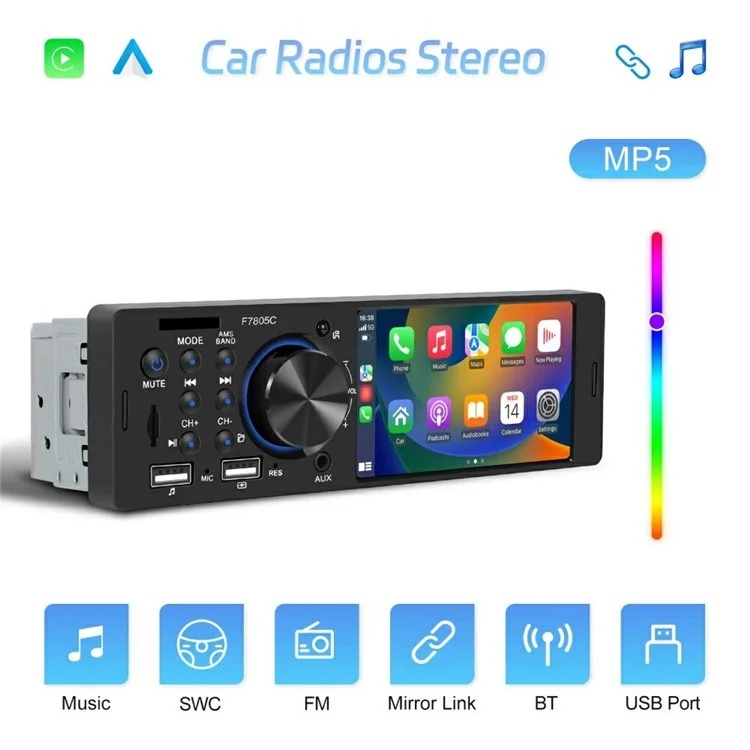 F7805C Wired CarPlay 4.1 Inch Touch Screen MP5 Car Radio Bluetooth-Compatible SD AUX USB 7 Color Lights Multimedia Player