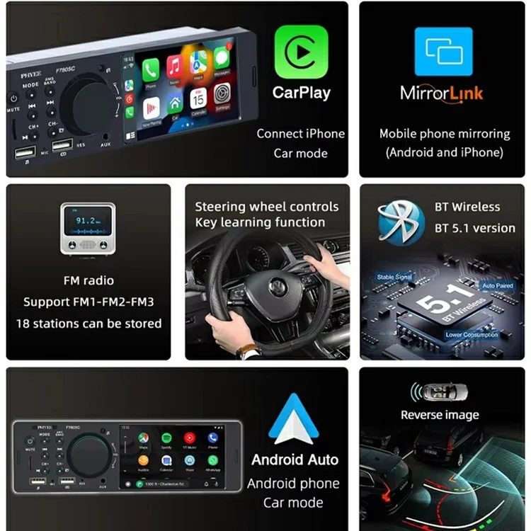 F7805C Wired CarPlay 4.1 Inch Touch Screen MP5 Car Radio Bluetooth-Compatible SD AUX USB 7 Color Lights Multimedia Player