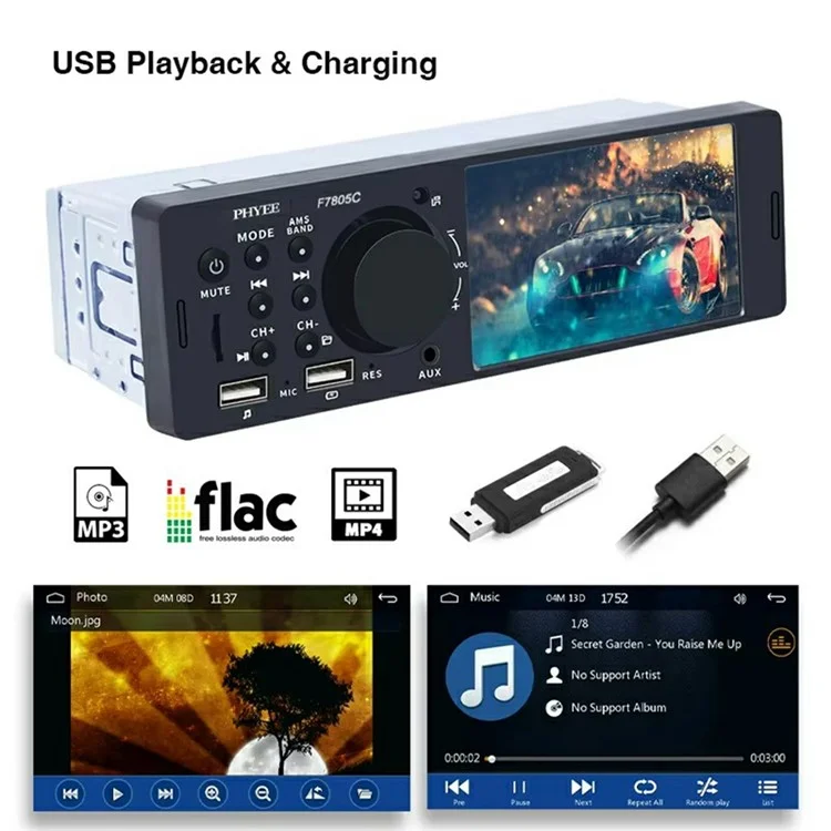 F7805C Wired CarPlay 4.1 Inch Touch Screen MP5 Car Radio Bluetooth-Compatible SD AUX USB 7 Color Lights Multimedia Player