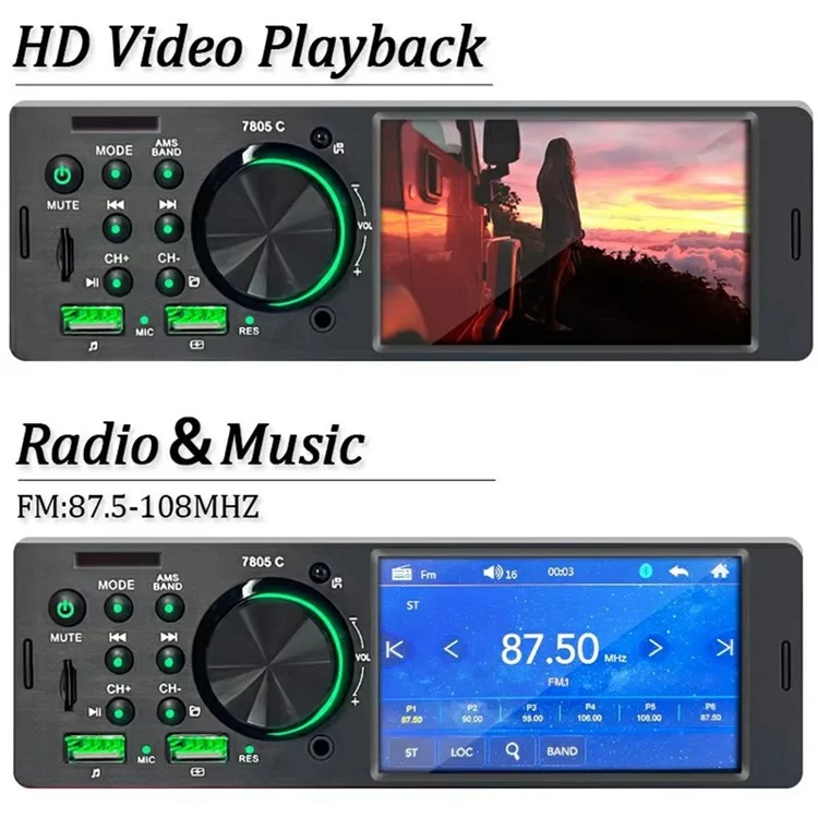 F7805C Wired CarPlay 4.1 Inch Touch Screen MP5 Car Radio Bluetooth-Compatible SD AUX USB 7 Color Lights Multimedia Player