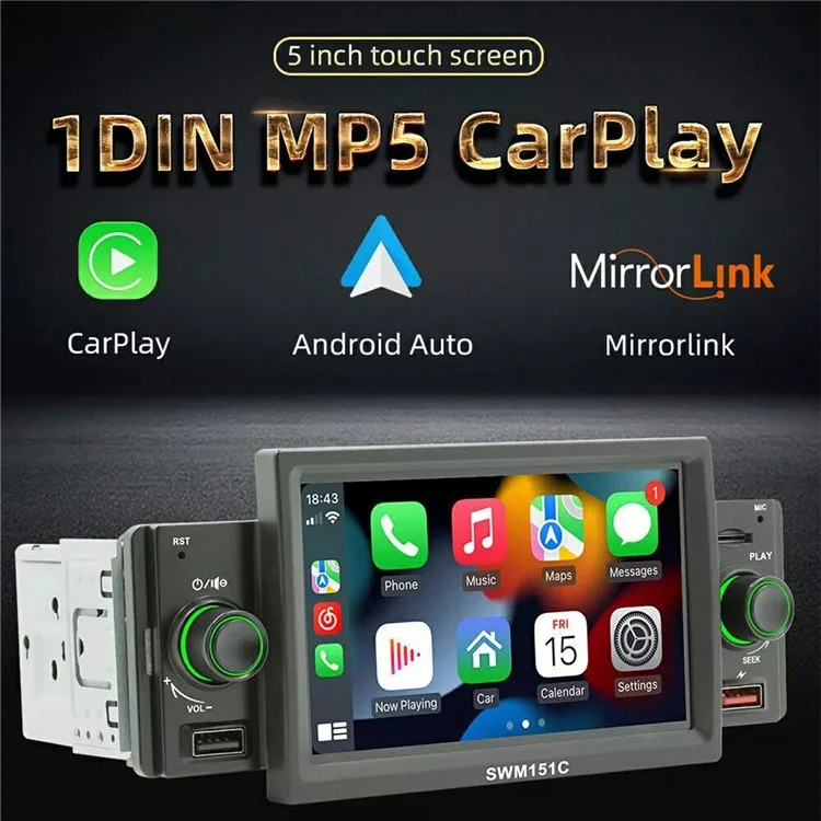 SW-151C 5 Inch Touch Screen MP5 Car Radio Wired CarPlay Android Auto Bluetooth-Compatible Multimedia Player