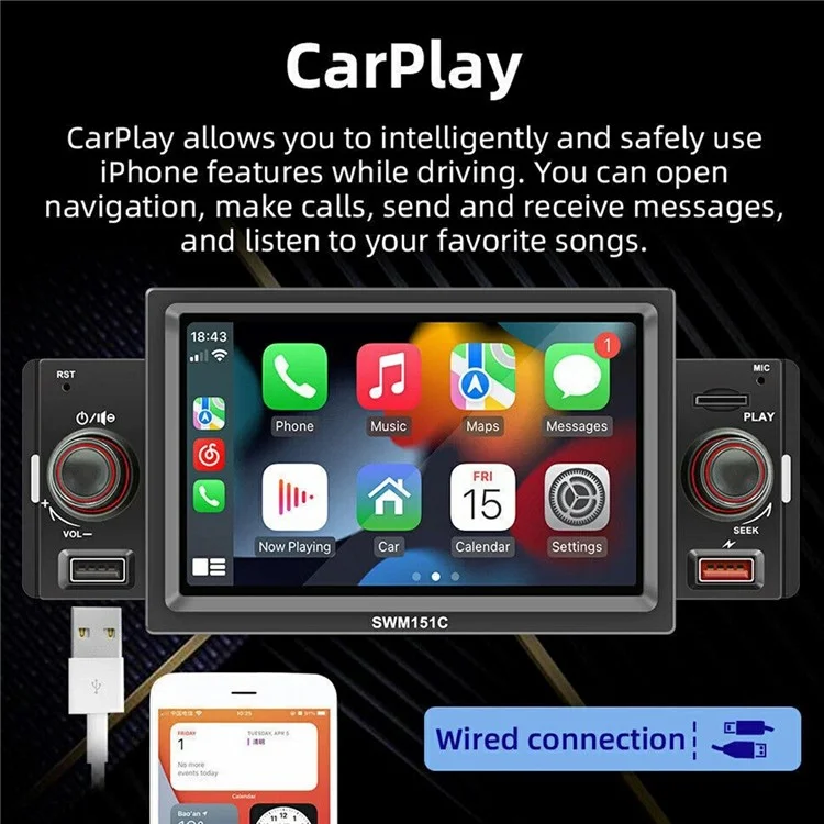 SW-151C 5 Inch Touch Screen MP5 Car Radio Wired CarPlay Android Auto Bluetooth-Compatible Multimedia Player