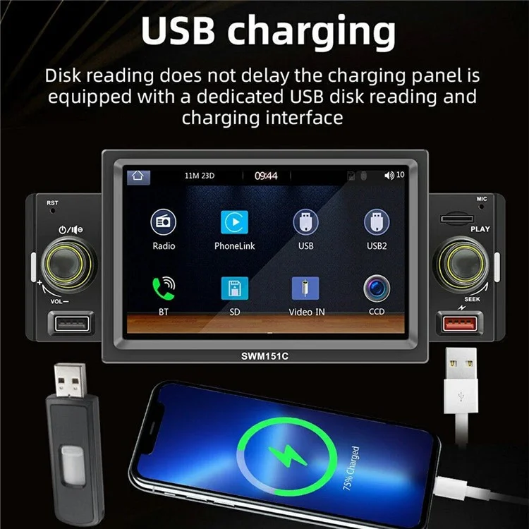 SW-151C 5 Inch Touch Screen MP5 Car Radio Wired CarPlay Android Auto Bluetooth-Compatible Multimedia Player