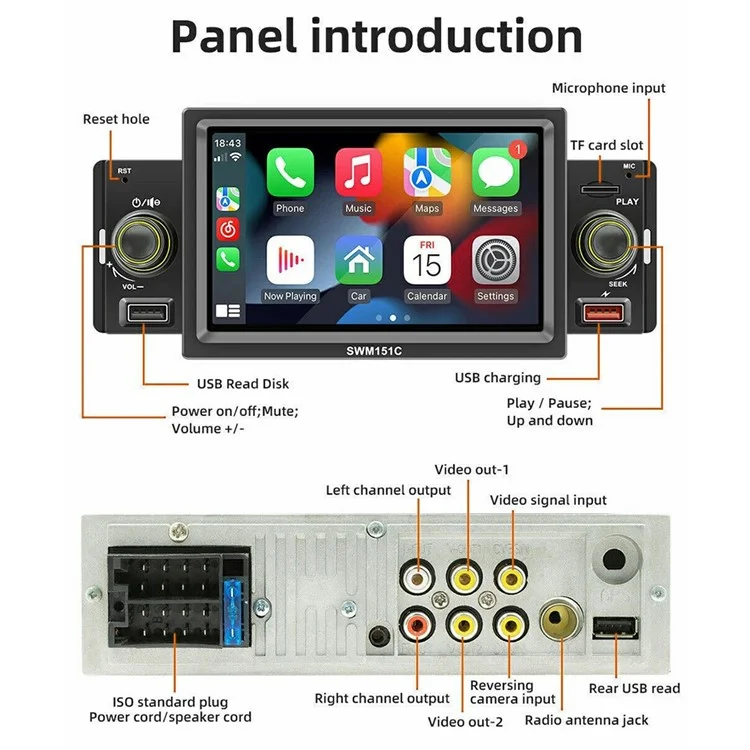 SW-151C 5 Inch Touch Screen MP5 Car Radio Wired CarPlay Android Auto Bluetooth-Compatible Multimedia Player