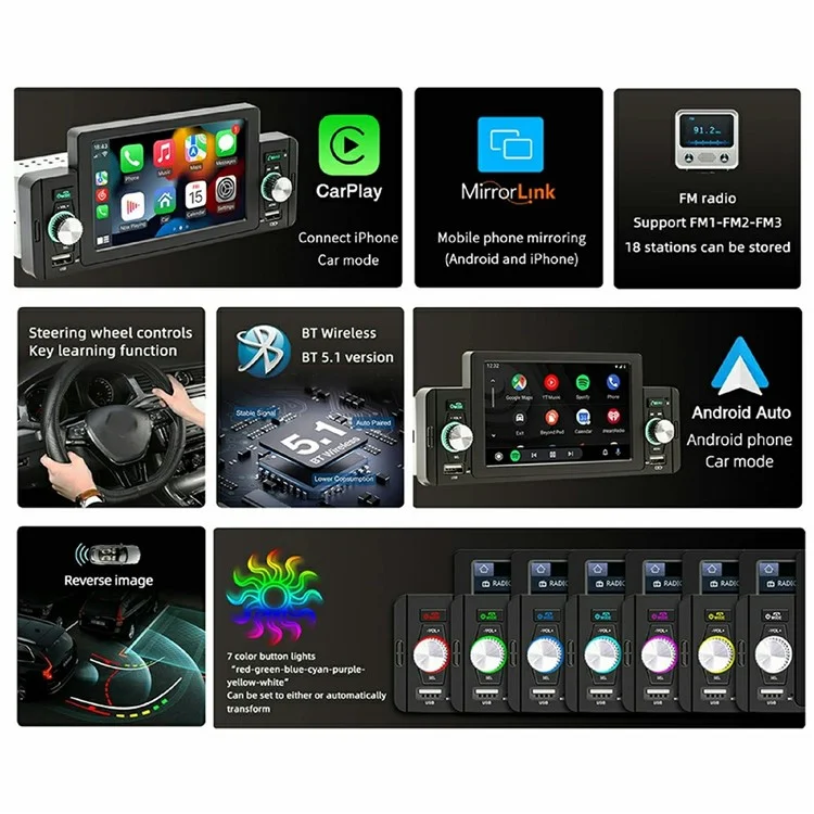 SW-151C Wired CarPlay 5 Inch Touch Screen MP5 Car Radio Bluetooth-Compatible Multimedia Player