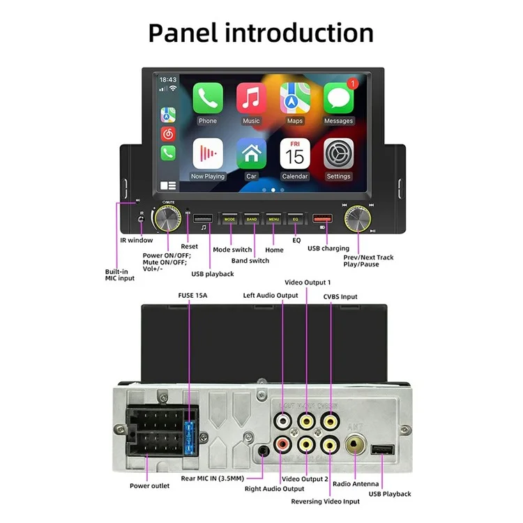 Rádio Automotivo F170C com Tela Sensível ao Toque de 6,2 Polegadas, CarPlay e Android Auto, Reprodutor Multimídia Bluetooth