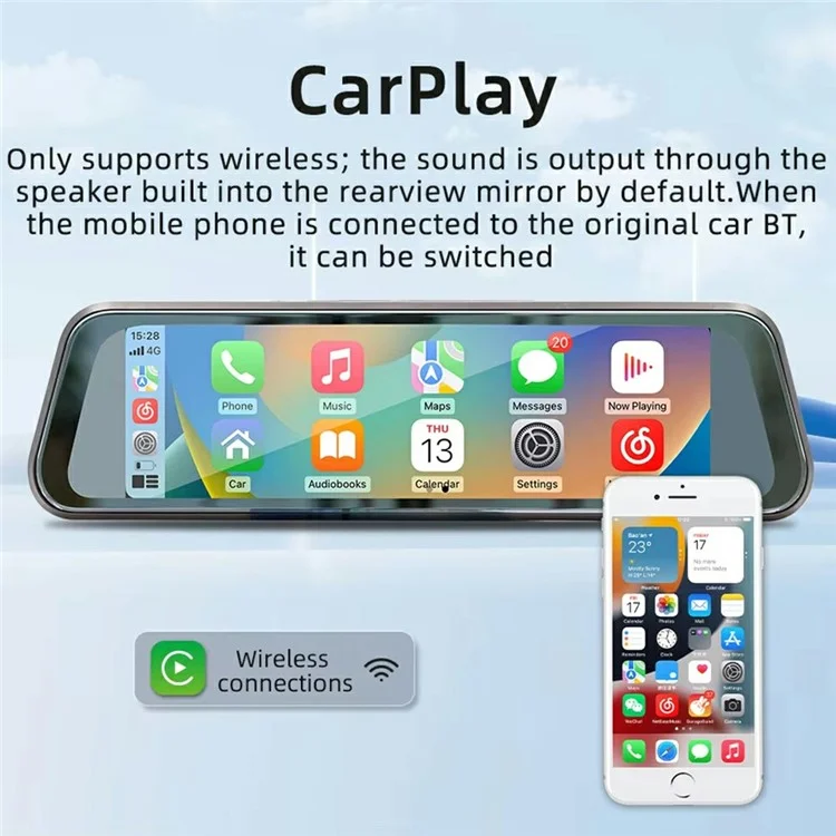 B5319R Carplay Espejo retrovisor compatible con Bluetooth de 9,36 pulgadas Cámara de salpicadero con pantalla grande HD y cámara de retroceso