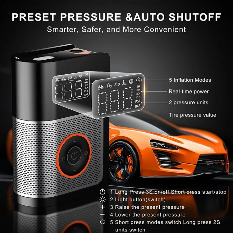 Mini Compressore d'Aria Portatile per Auto con Display Digitale Gonfiatore Pneumatici Wireless Pompa Intelligente con Luce LED