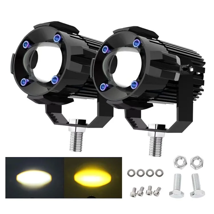 2Pcs Motorcycle LED Spotlight Aluminum Shell White Yellow Light High Power Headlight with Cooling Fan