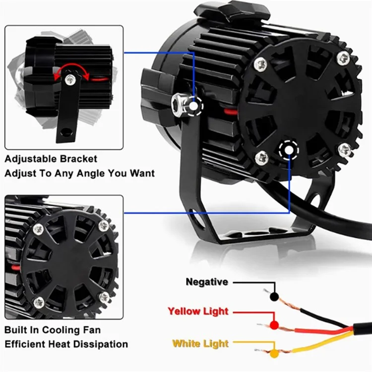 2Pcs Motorcycle LED Spotlight Aluminum Shell White Yellow Light High Power Headlight with Cooling Fan