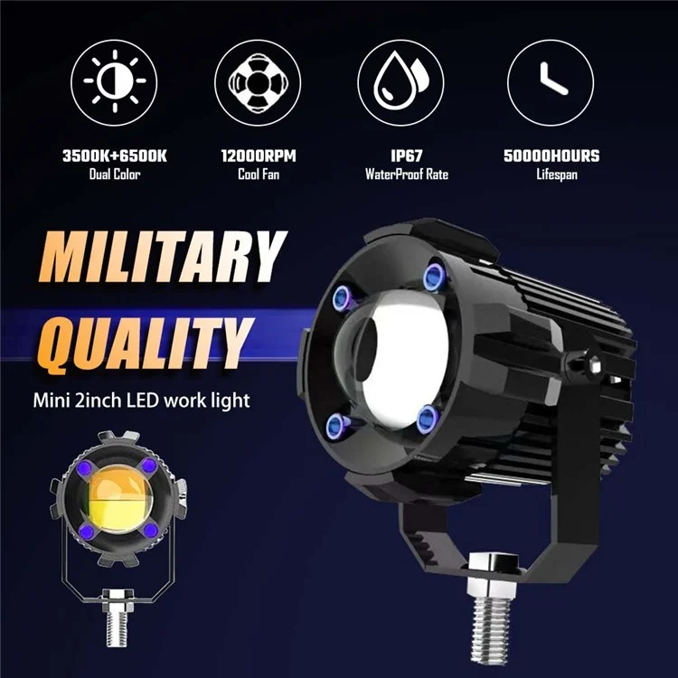 2Pcs Motorcycle LED Spotlight Aluminum Shell White Yellow Light High Power Headlight with Cooling Fan