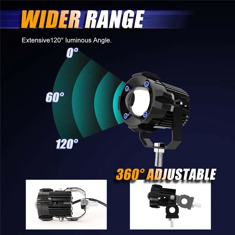 2Pcs Motorcycle LED Spotlight Aluminum Shell White Yellow Light High Power Headlight with Cooling Fan