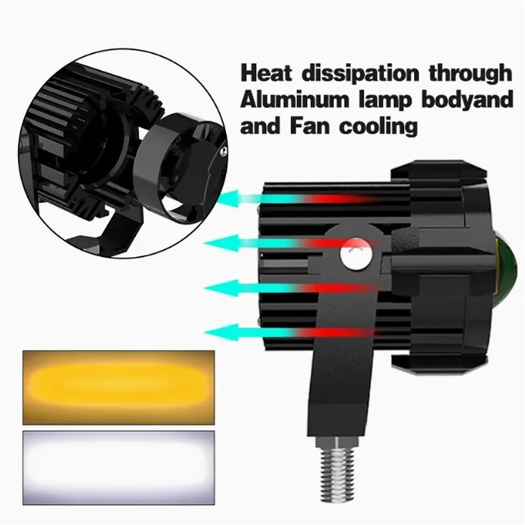 2Pcs Motorcycle LED Spotlight Aluminum Shell White Yellow Light High Power Headlight with Cooling Fan