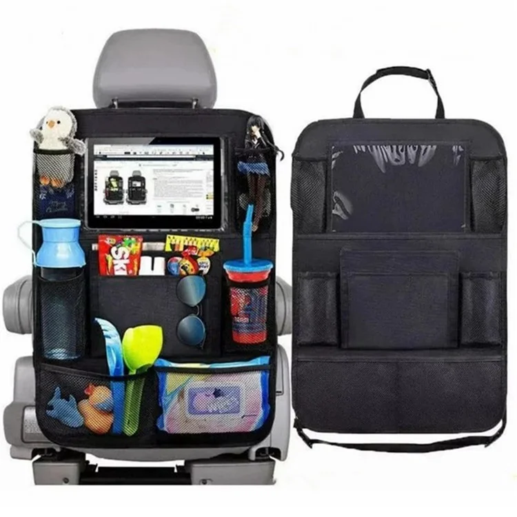Organisateur de siège arrière de voiture en tissu Oxford 600D avec support de tablette, sac de rangement multi-poches et tapis de protection - Noir