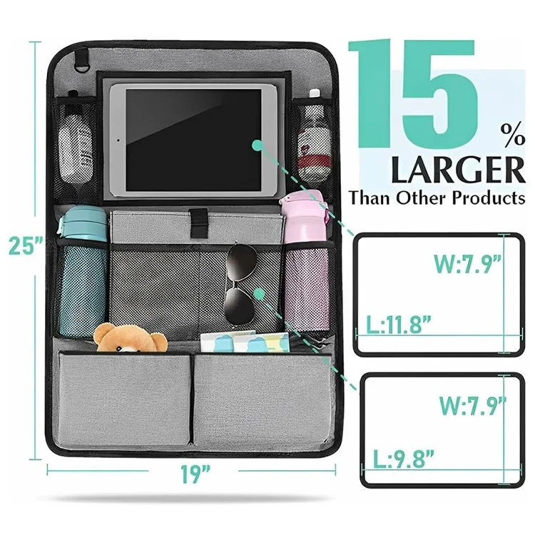 Organisateur de siège arrière de voiture en tissu Oxford 600D avec support de tablette, sac de rangement multi-poches et tapis de protection - Noir