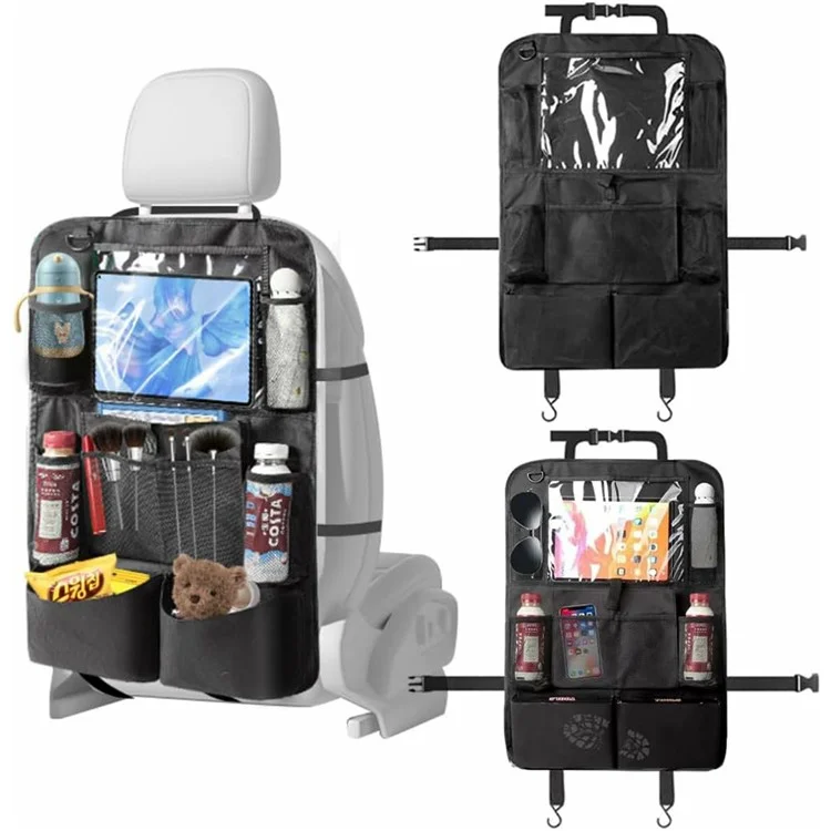 Organisateur de siège arrière de voiture en tissu Oxford 600D avec support de tablette, sac de rangement multi-poches et tapis de protection - Noir