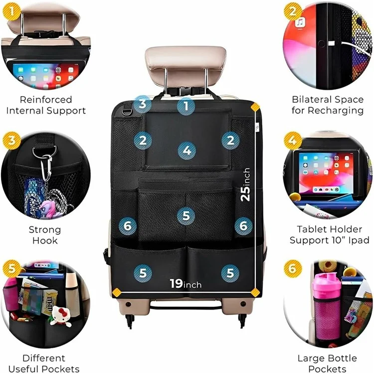 Organisateur de siège arrière de voiture en tissu Oxford 600D avec support de tablette, sac de rangement multi-poches et tapis de protection - Noir