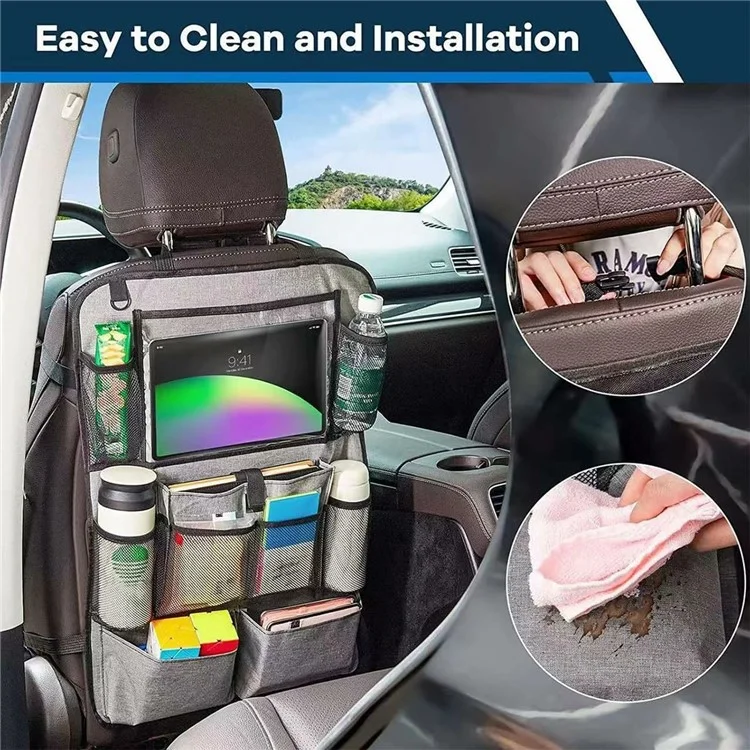 Organisateur de siège arrière de voiture en tissu Oxford 600D avec support de tablette, sac de rangement multi-poches et tapis de protection - Noir
