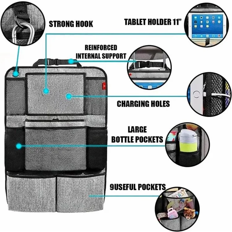 Organisateur de siège arrière de voiture en tissu Oxford 600D avec support de tablette, sac de rangement multi-poches et tapis de protection - Noir