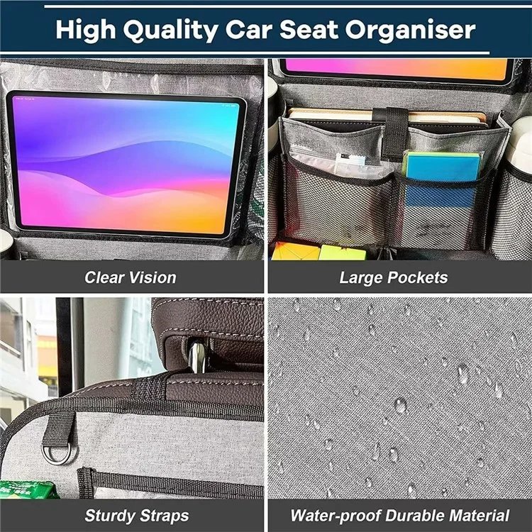Organisateur de siège arrière de voiture en tissu Oxford 600D avec support de tablette, sac de rangement multi-poches et tapis de protection - Noir