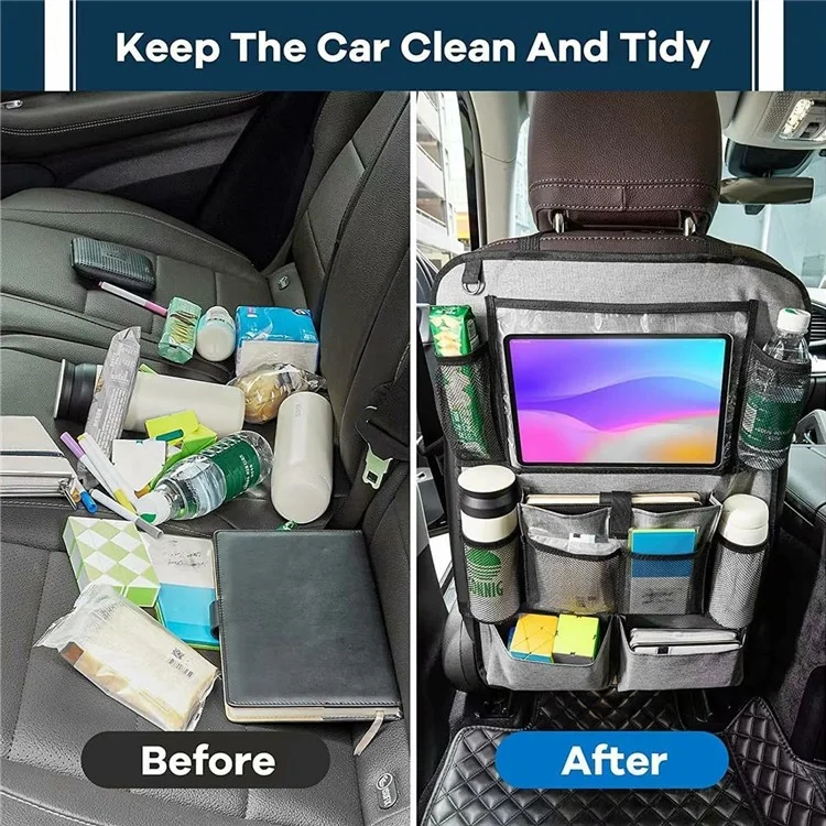 Organizador de asiento trasero de coche de tela Oxford 600D con soporte para tableta Bolsa de almacenamiento de múltiples bolsillos Protector contra patadas - Gris