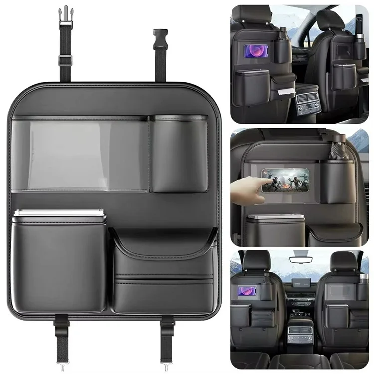 Car Seat Organizer Back Seat Storage Bag PU Leather Waterproof Multi-Pocket Hanging Pouch (Without Foldable Table)