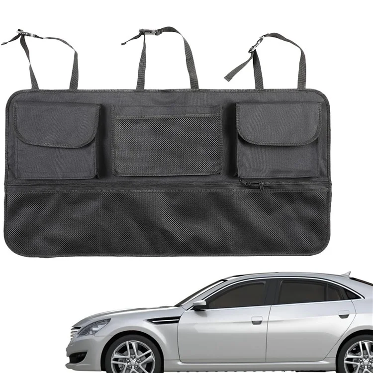 Organizador de gran capacidad para maletero de coche con bolsa de almacenamiento para asiento trasero - Tela Oxford con múltiples bolsillos y bolsa colgante - Negro