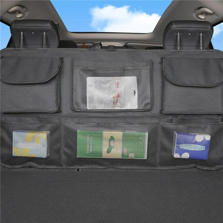 Organizador de gran capacidad para maletero de coche con bolsa de almacenamiento para asiento trasero - Tela Oxford con múltiples bolsillos y bolsa colgante - Negro