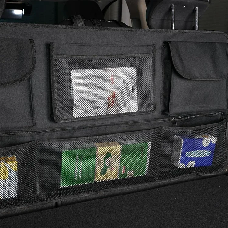 Organizador de gran capacidad para maletero de coche con bolsa de almacenamiento para asiento trasero - Tela Oxford con múltiples bolsillos y bolsa colgante - Negro
