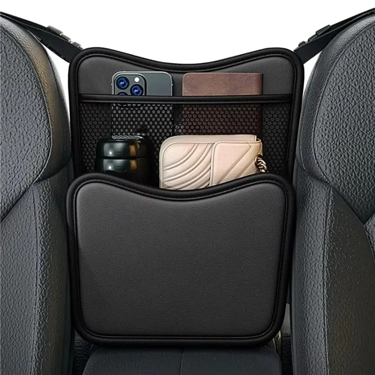 Universal Car Seat Back Organizer PU Leather Storage Bag Center Hanger Between Seats - Black