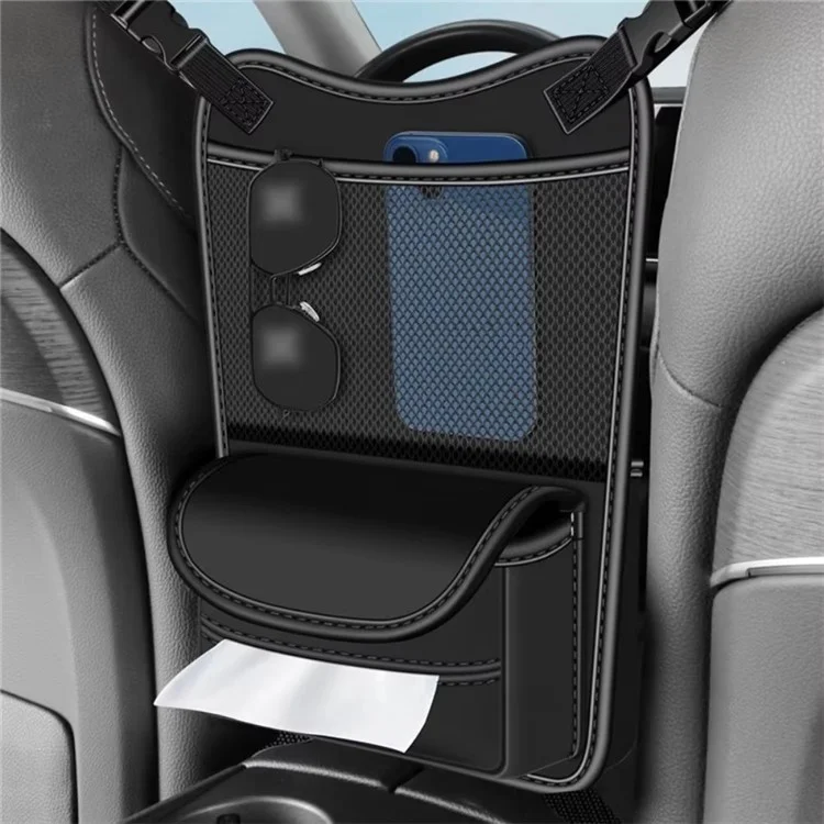 Universal Car Seat Back Organizer PU Leather Storage Bag Center Hanger Between Seats - Black