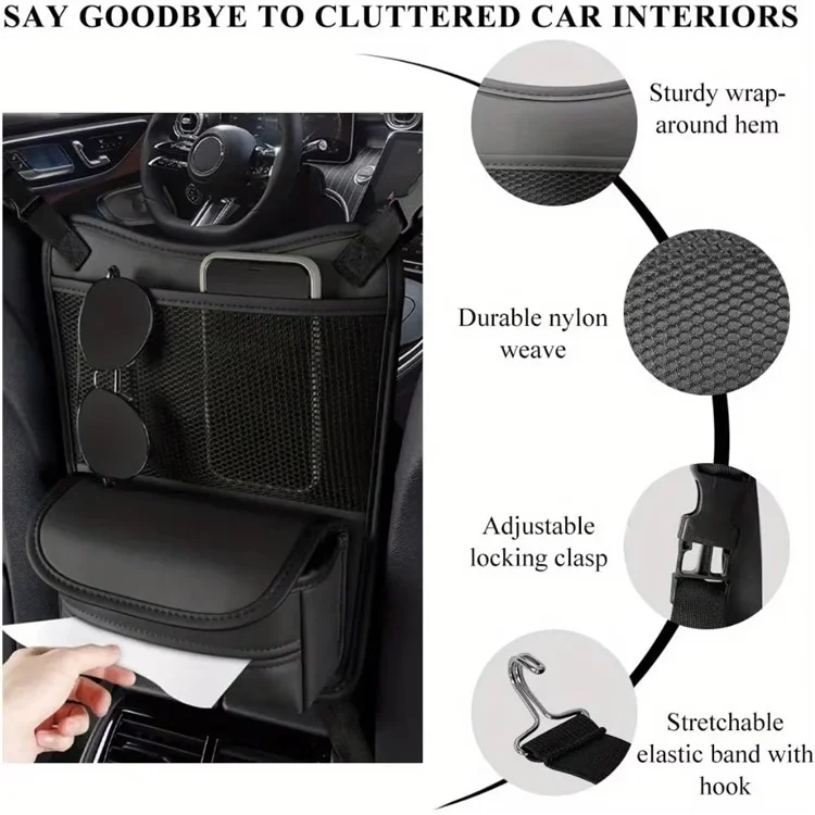 Universal Car Seat Back Organizer PU Leather Storage Bag Center Hanger Between Seats - Black