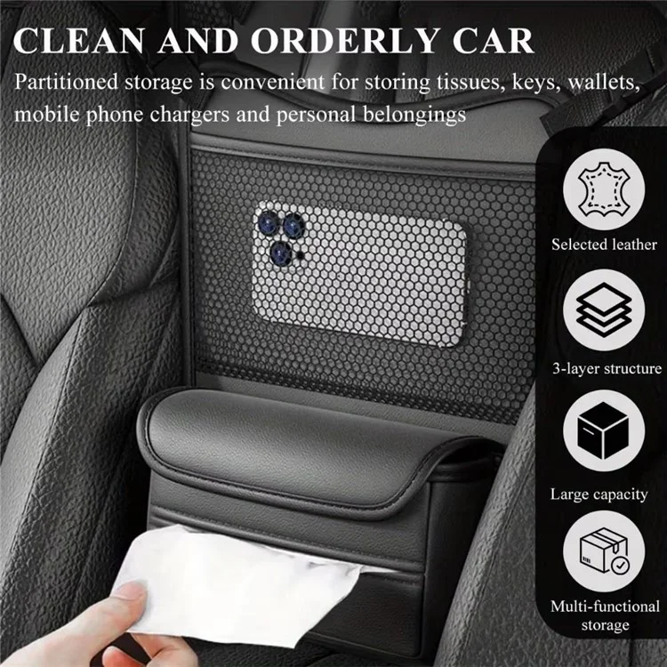 Universal Car Seat Back Organizer PU Leather Storage Bag Center Hanger Between Seats - Black