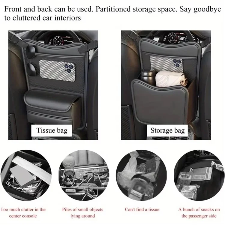 Universal Car Seat Back Organizer PU Leather Storage Bag Center Hanger Between Seats - Black