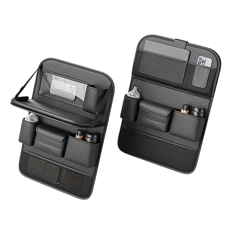 Sac de rangement en cuir PU texturé Nappa pour siège arrière de voiture - Organisateur multi-poches avec plateau rabattable - Noir