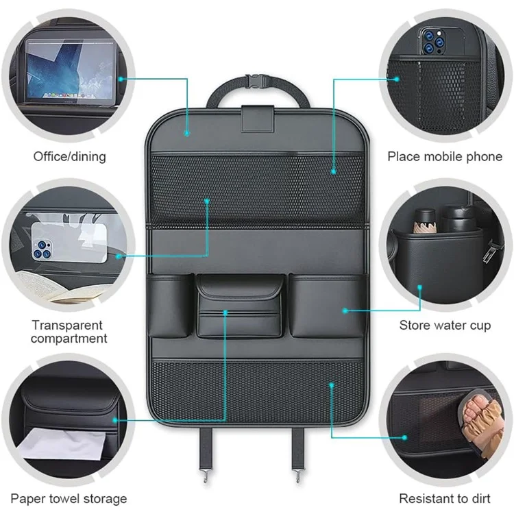 Sac de rangement en cuir PU texturé Nappa pour siège arrière de voiture - Organisateur multi-poches avec plateau rabattable - Noir