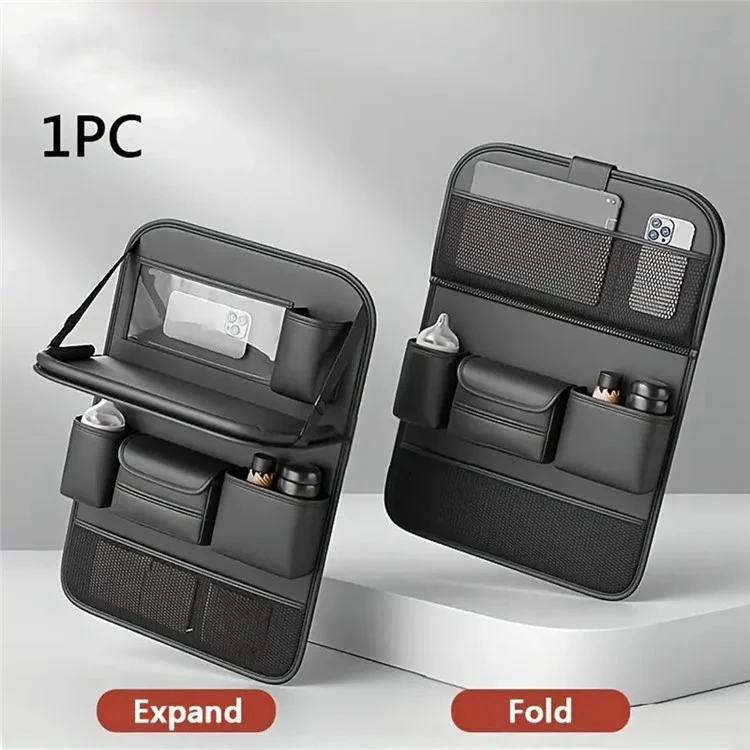 Sac de rangement en cuir PU texturé Nappa pour siège arrière de voiture - Organisateur multi-poches avec plateau rabattable - Noir