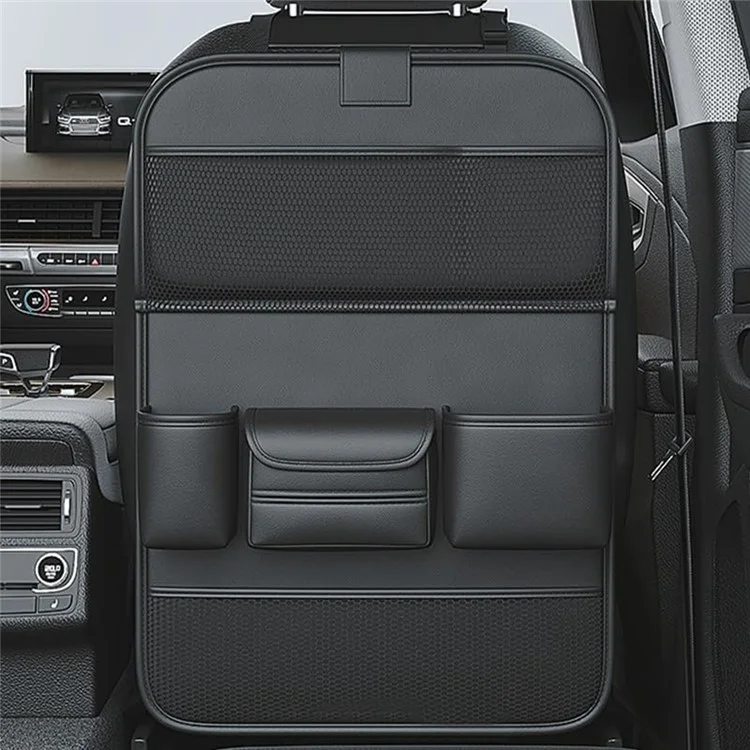 Sac de rangement en cuir PU texturé Nappa pour siège arrière de voiture - Organisateur multi-poches avec plateau rabattable - Noir