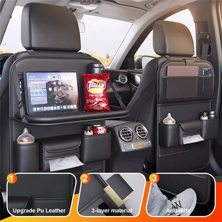 Sac de rangement en cuir PU texturé Nappa pour siège arrière de voiture - Organisateur multi-poches avec plateau rabattable - Noir