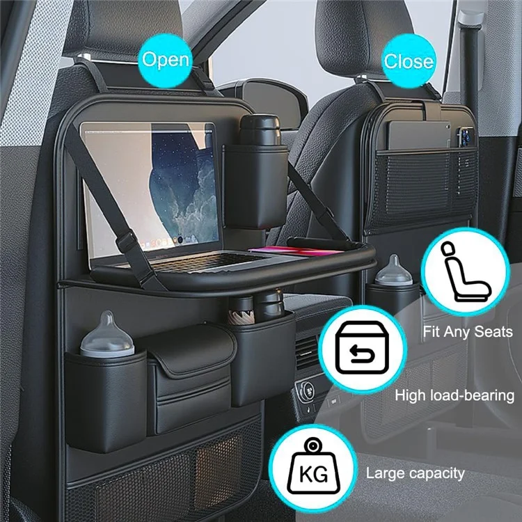 Sac de rangement en cuir PU texturé Nappa pour siège arrière de voiture - Organisateur multi-poches avec plateau rabattable - Noir