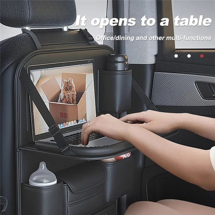 Sac de rangement en cuir PU texturé Nappa pour siège arrière de voiture - Organisateur multi-poches avec plateau rabattable - Noir