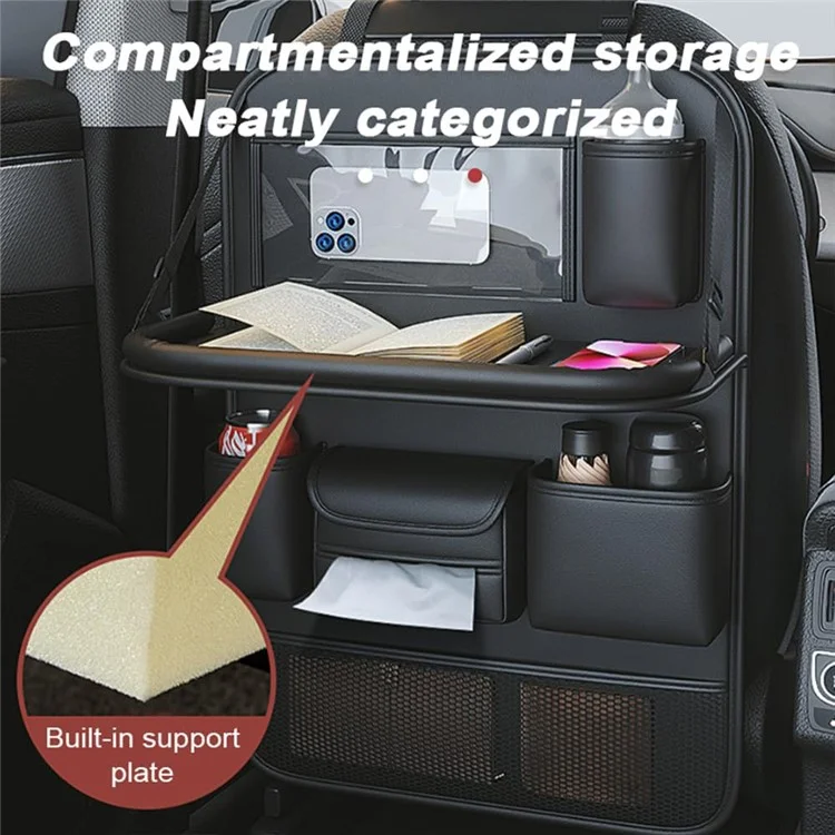 Sac de rangement en cuir PU texturé Nappa pour siège arrière de voiture - Organisateur multi-poches avec plateau rabattable - Noir