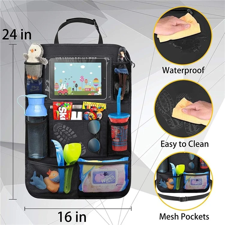 Sac de rangement pour dossier de siège de voiture en tissu Oxford 600D imperméable avec pochette transparente pour iPad
