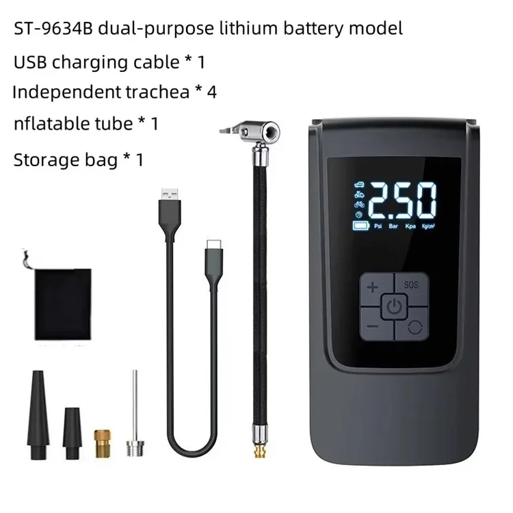 ST-9624B Compresor de Aire Portátil Inteligente de Doble Uso, Inflador Inalámbrico con Pantalla Digital USB para Neumáticos