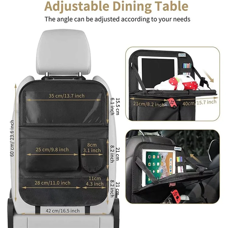 Universal Car Seat Back Organizer Oxford Fabric Multi-Pocket Storage Bag with Folding Tray - Black