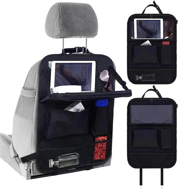 Universal Car Seat Back Organizer Oxford Fabric Multi-Pocket Storage Bag with Folding Tray - Black