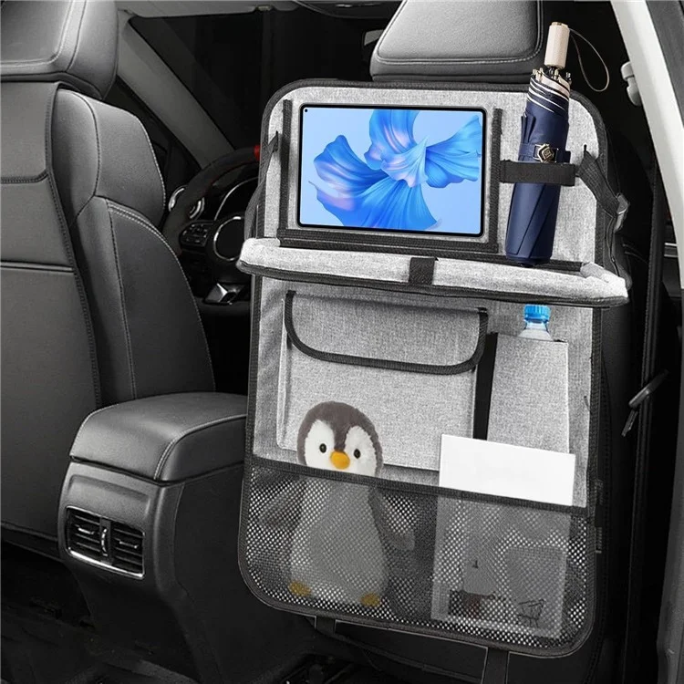 Universal Car Seat Back Organizer Oxford Fabric Multi-Pocket Storage Bag with Folding Tray - Black